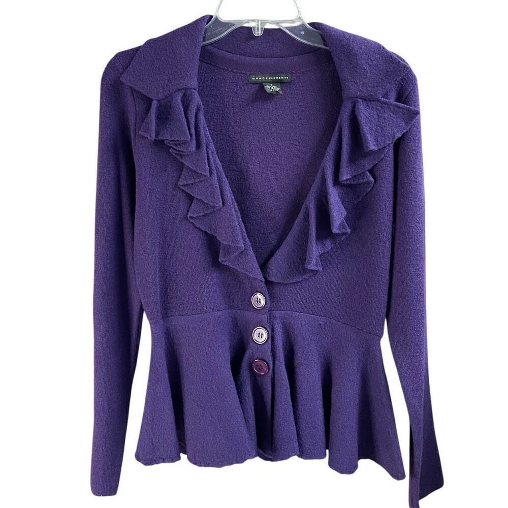 GRACE ELEMENTS Womens Purple Wool Sweater Cardigan Button Front Ruffles Sz Small